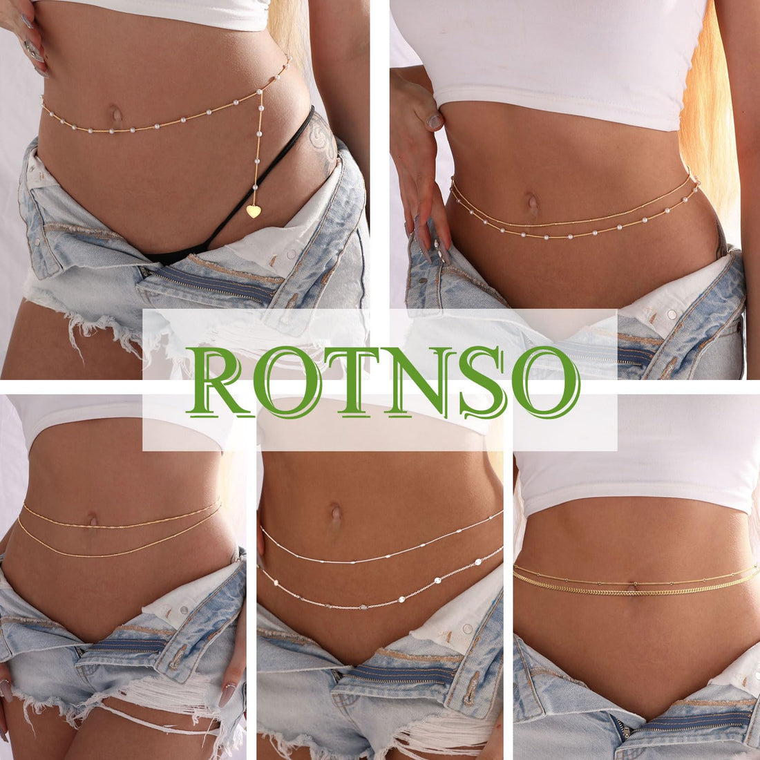 Rotnso 14K Gold Plated Body Chains Dainty Boho Layered Beach Waist Pearl Bead Chain Adjustable Bikini Belly Chain Jewelry Accessories for Women Sexy