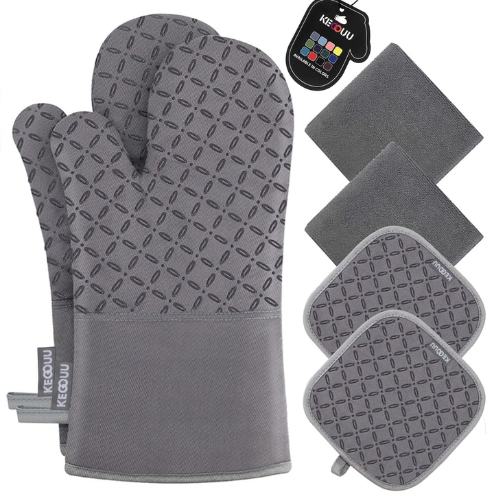 KEGOUU Oven Mitts and Pot Holders 6pcs Set, Kitchen Oven Glove High Heat Resistant 500 Degree Extra Long Oven Mitts and Potholder with Non-Slip Silicone Surface for Cooking (Grey)