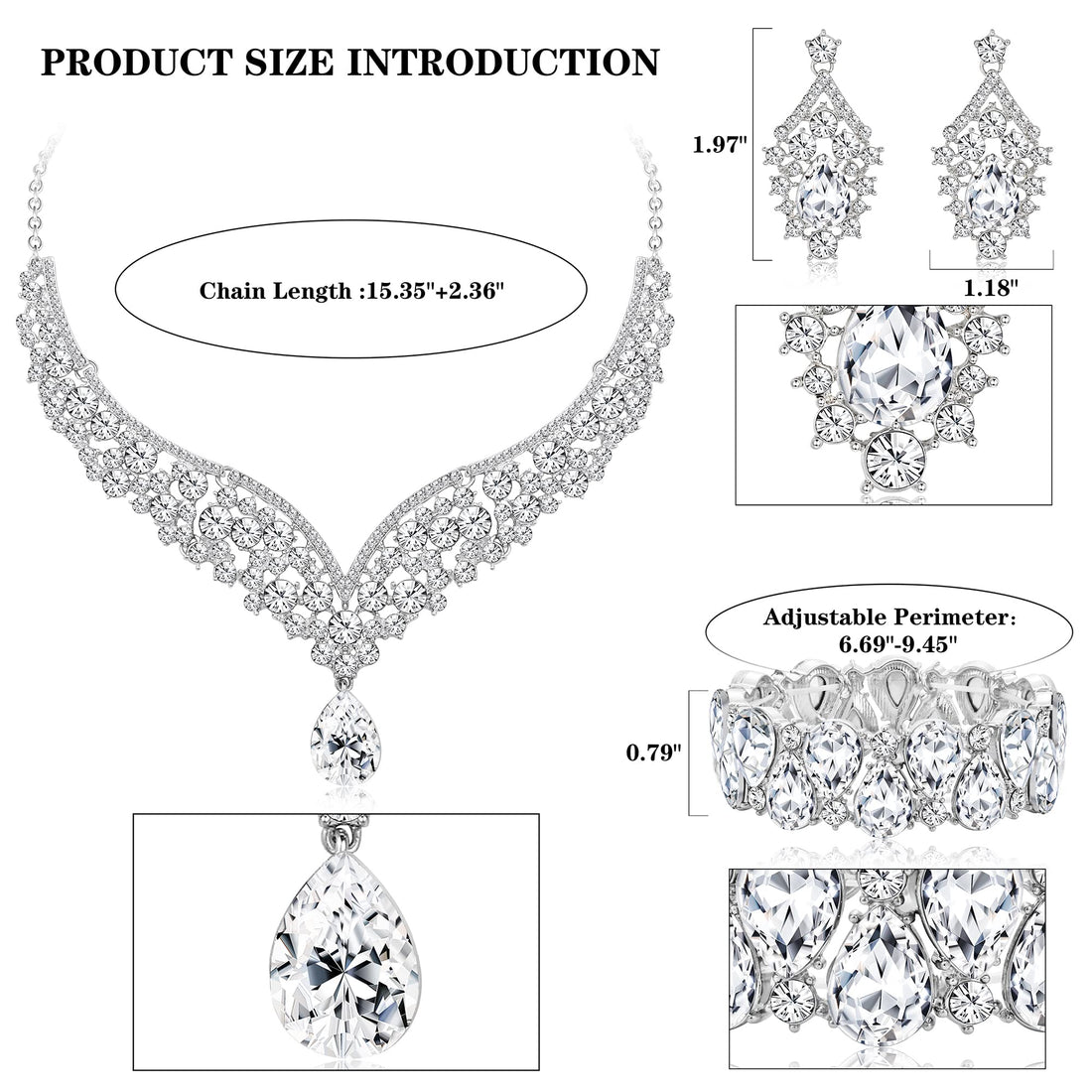 IRONBOX Crystal Wedding Bridal Jewelry Set for Women Prom Sliver Rhinestone Teardrop Necklace Earrings Bracelet Wedding Bridesmaid Gifts Fit with Wedding Dress