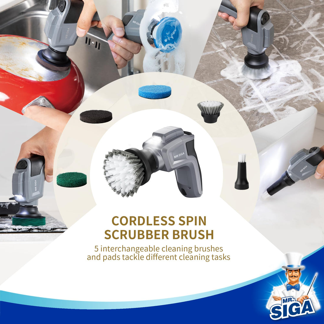 MR.SIGA Electric Spin Scrubber, Electric Cleaning Brush for Kitchen and Bathroom Cleaning, Waterproof Rechargeable Spin Scrubber, Cordless Spin Scrubber with 5 Replaceable Cleaning Brushes and Pads