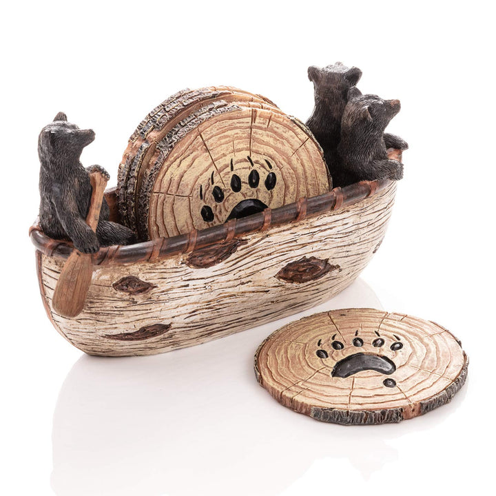 Bear Coasters Set of 6 Full Size Rustic Coasters in Handmade Canoe with Adorable Black Bear Figurines | Black Bear Log Cabin Decorations, Rustic Lodge Decor for The Home