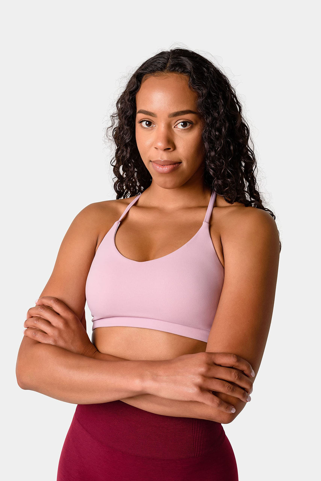 Kamo Fitness Iris Strappy Sports Bra for Women Light Support Backless Crop Top Removable Padding Open Back (Pink Lavender, M)