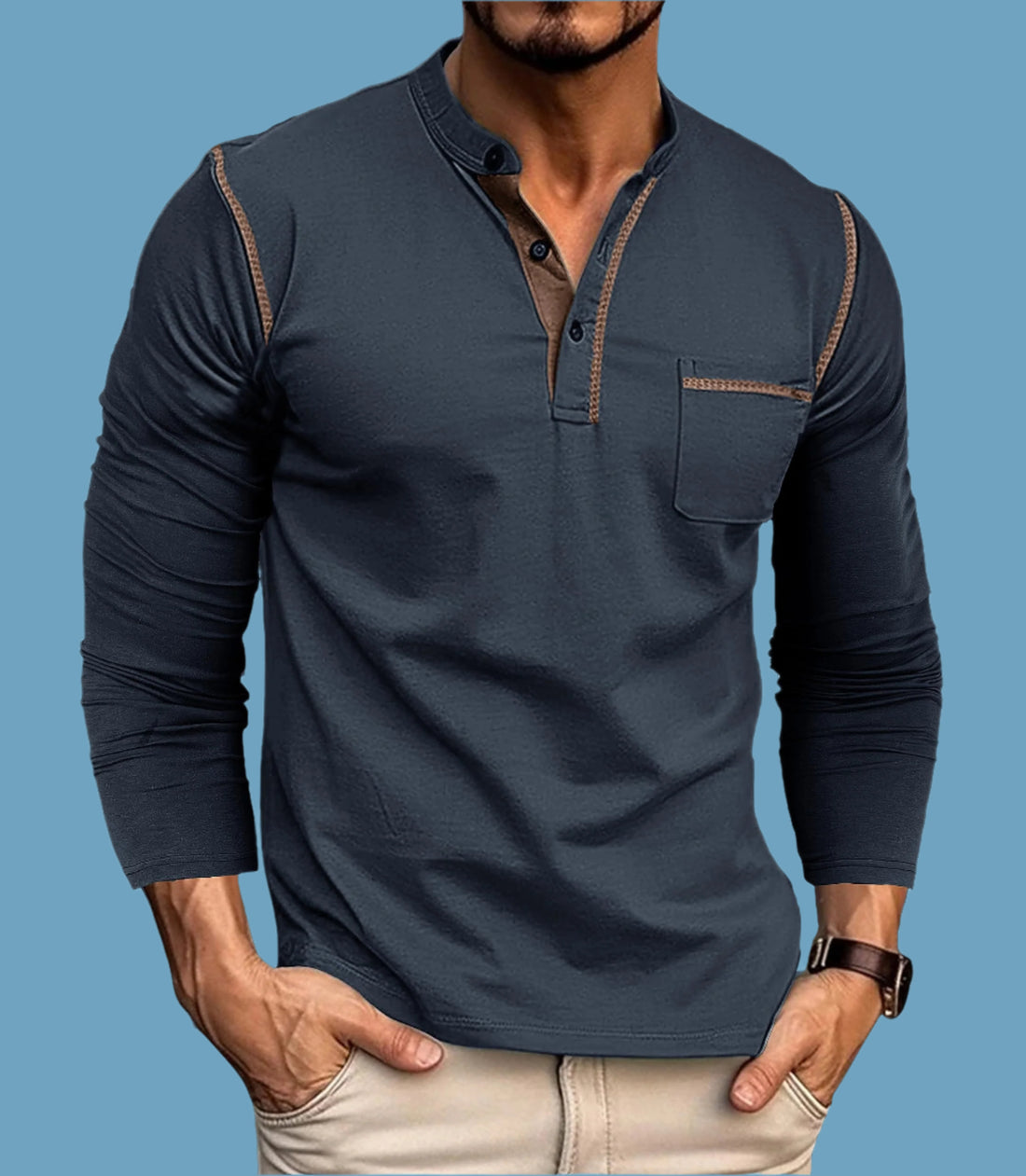 Ophestin Men's Henley Shirts Long Sleeve T Shirt Casual Fashion Shirt Buttons Tee Top Blue L