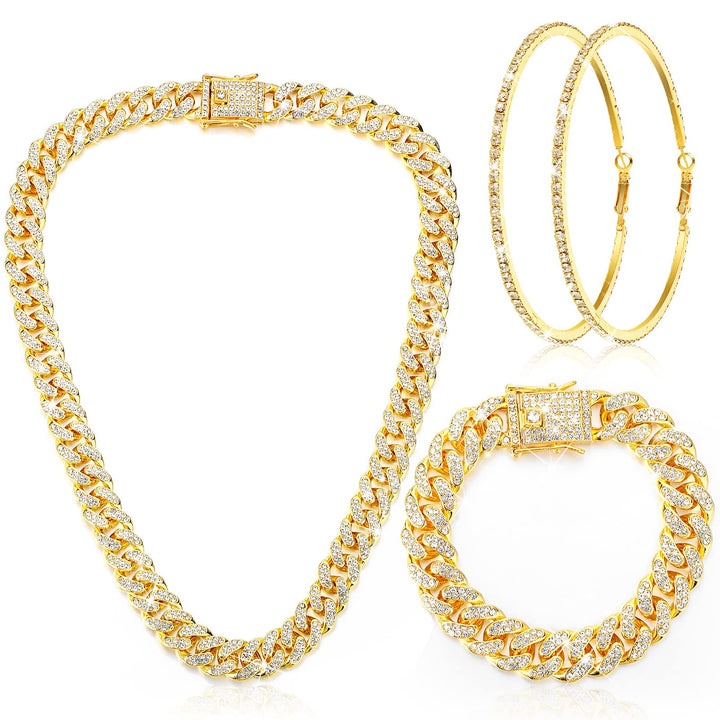 Batiyeer Link Chain Necklace Bracelet Rhinestone Earrings Bling Necklace Bracelet Crystal Big Circle Earring for Women(Gold, 18 Inch)