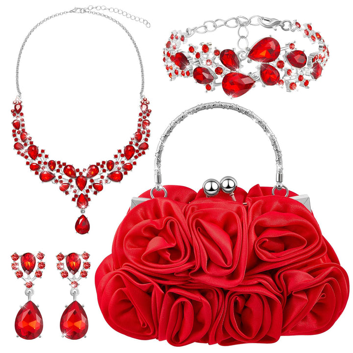 Paterr 4 Pcs Flower Clutch Rhinestone Set Handbags with Detachable Strap Detachable Necklace Earrings Bracelets (Red,Delicate Style)