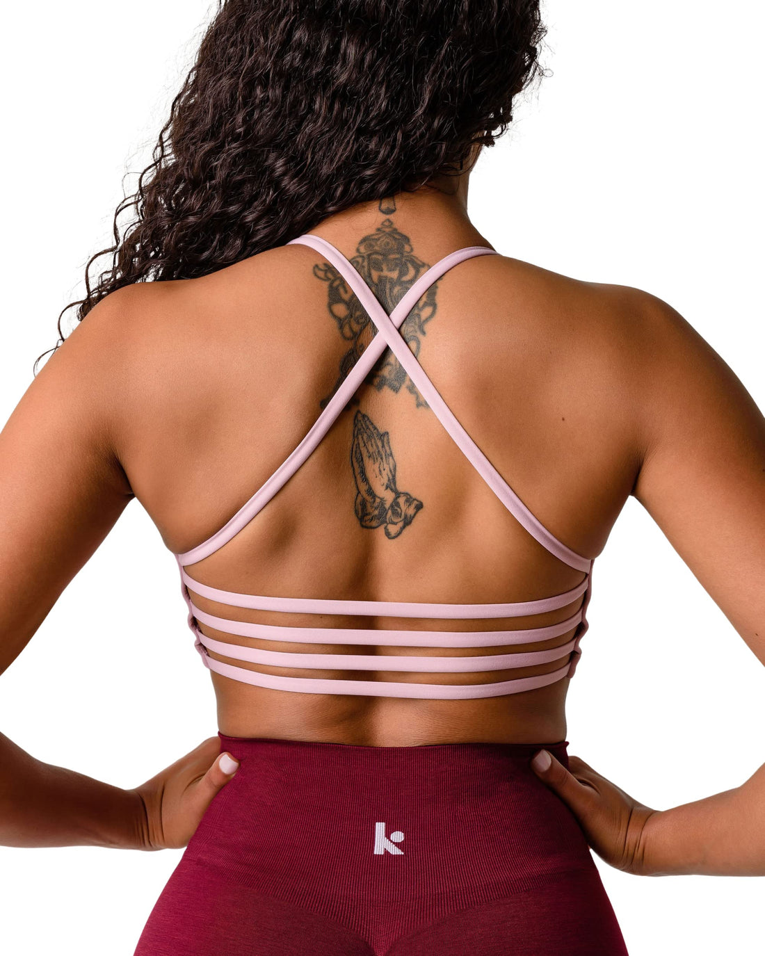 Kamo Fitness Iris Strappy Sports Bra for Women Light Support Backless Crop Top Removable Padding Open Back (Pink Lavender, M)