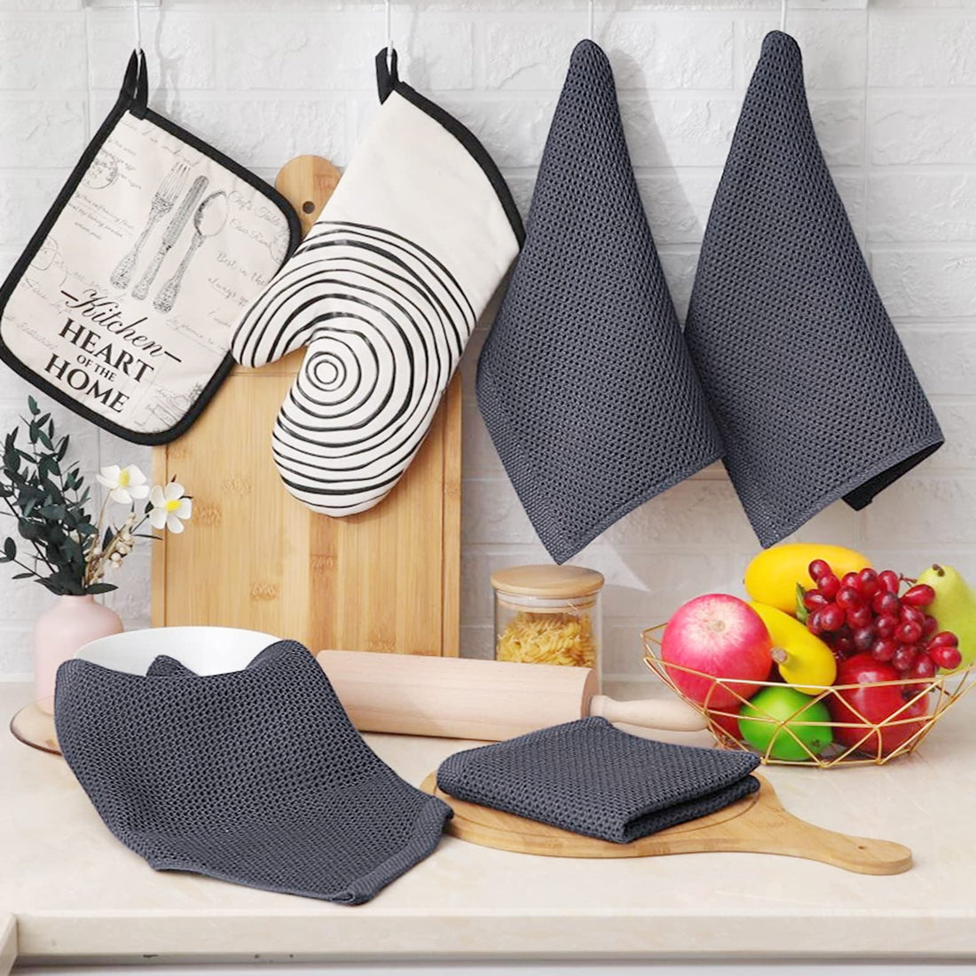 Homaxy 100% Cotton Waffle Weave Kitchen Dish Cloths, Ultra Soft Absorbent Quick Drying Dish Towels, 12 x 12 Inches, 6-Pack, Dark Grey