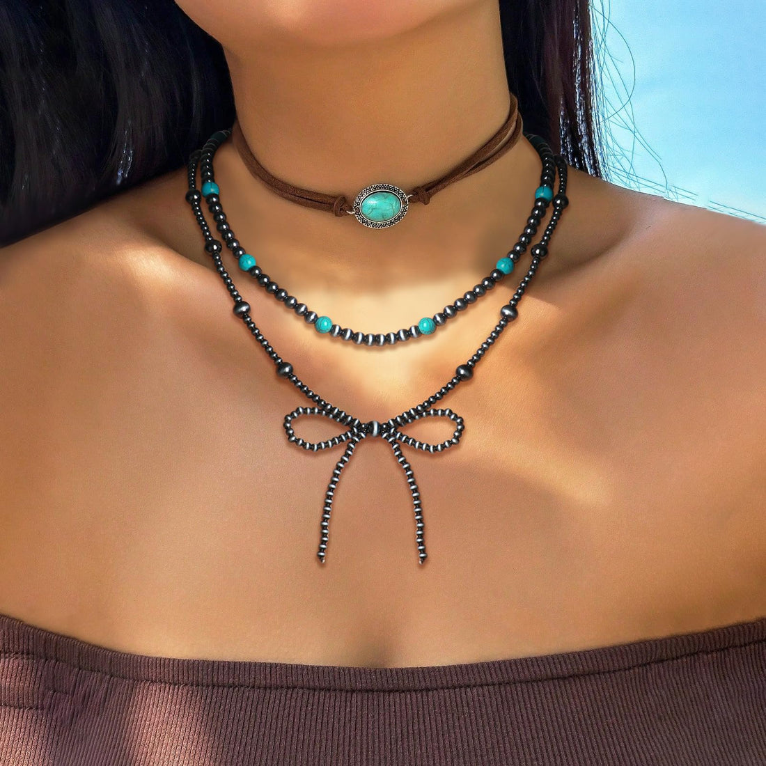 Navajo Pearl Bow Necklace Western Jewelry for Women Cowgirl Turquoise Necklaces Jewelry（2）