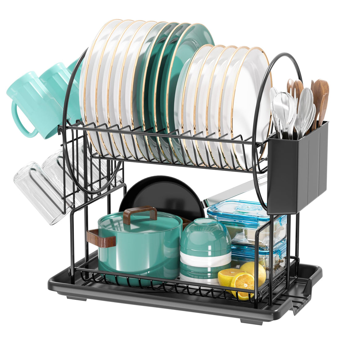 2 Tier Black Dish Drainer Rack with Drip Tray, Stainless Steel Draining Dish