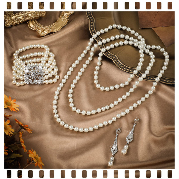 Maitys 3 Pcs 1920s Pearl Jewelry Set Includes Vintage Flapper Earrings Multilayer Imitation Pearl Necklace Bracelet for Women(Charming)