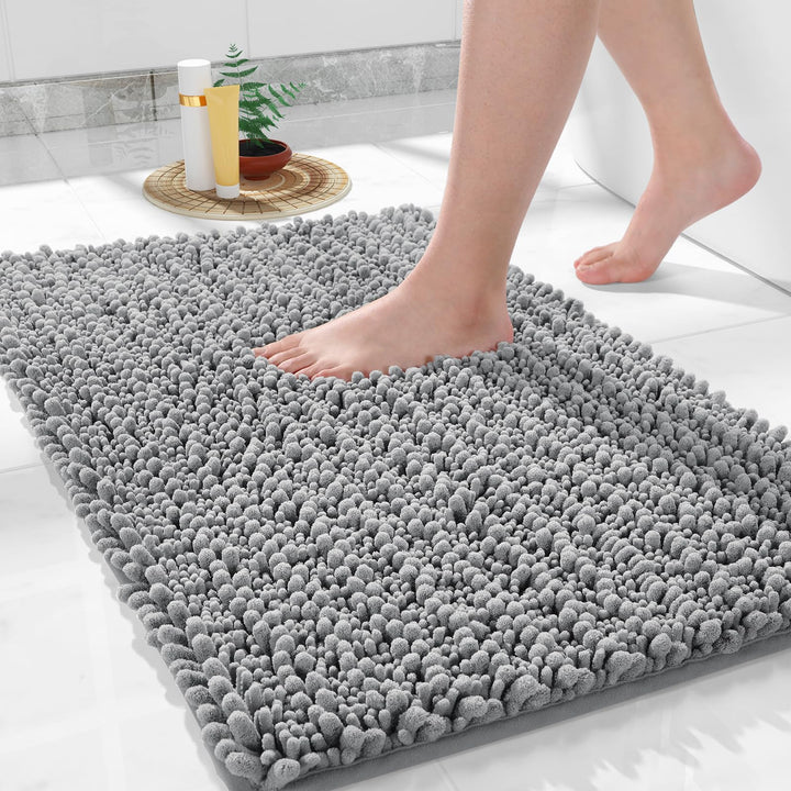 Yimobra Bathroom Rug Mat 24 x 17, Extra Soft Non Slip Absorbent Water Bath Rug, Quick Dry Machine Washable Chenille Shaggy Shower Mat, Bath Mat for Bathroom Floor, Home Decor Accessories, Grey