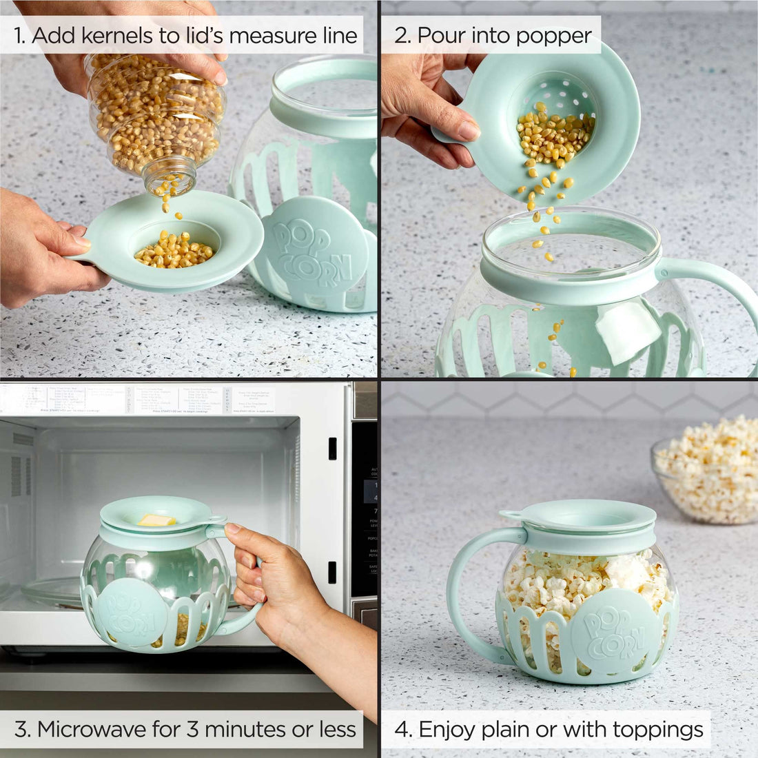 Ecolution Patented Micro-Pop Microwave Popcorn Popper with Temperature Safe Glass, 3-in-1 Lid Measures Kernels and Melts Butter, Made Without BPA, Dishwasher Safe, 1.5-Quart, Aqua