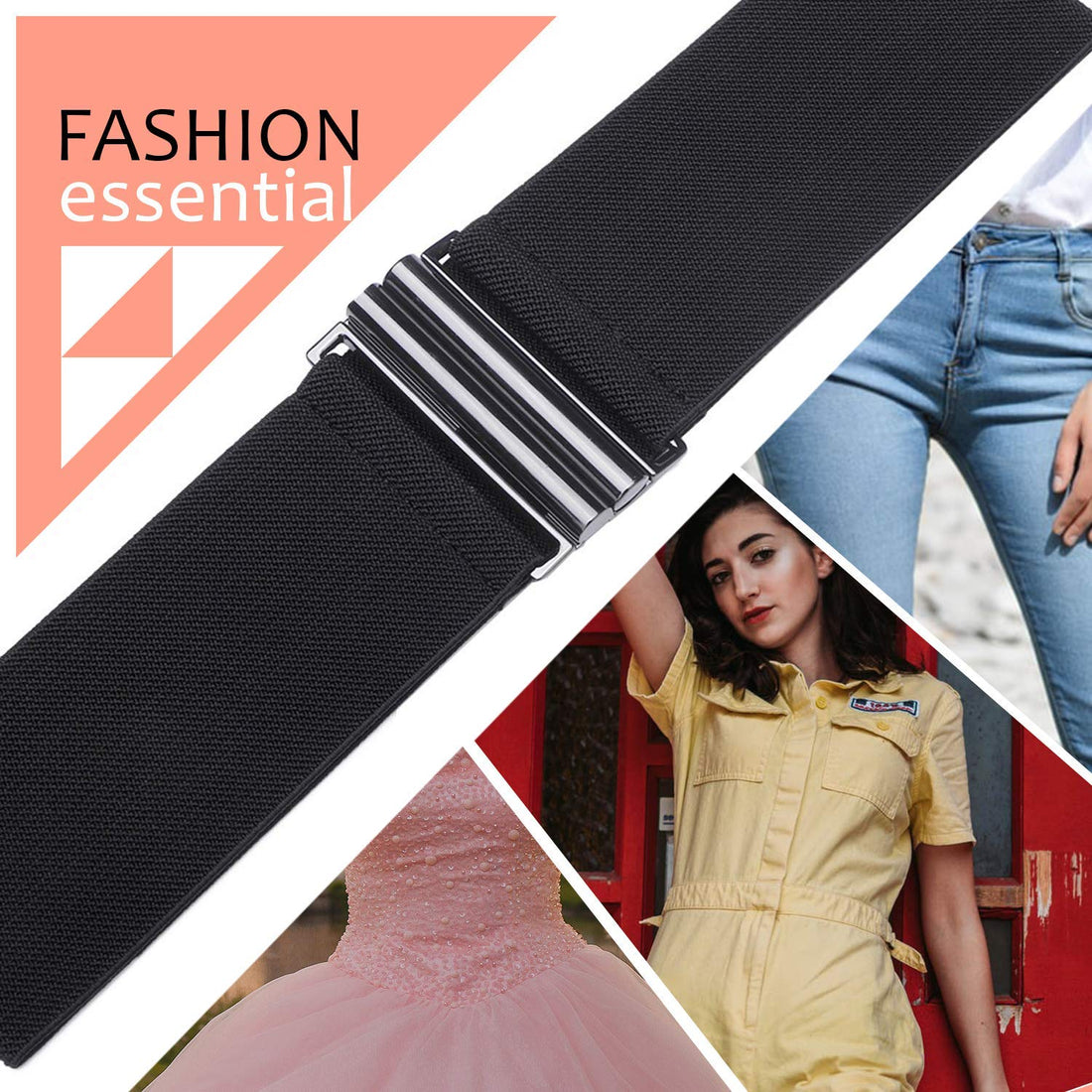 Trimming Shop Women’s Black Stretchable Wide Waist Belt Clasp Buckle Elastic Band Clip-on Cinch Trimmer Fashion Accessory for Dresses, One Piece (50mm Wide, 32" - 36")