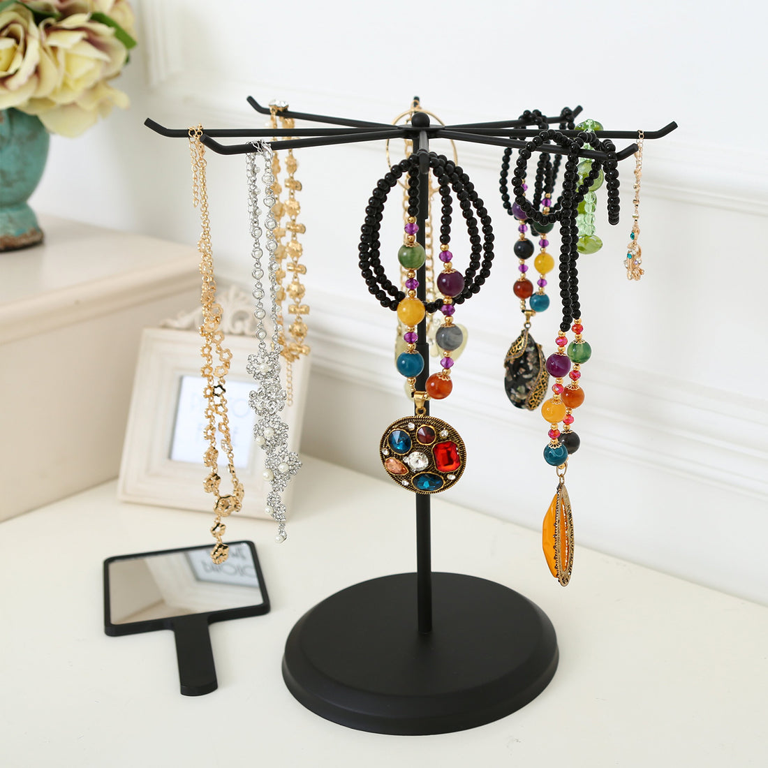 MyGift Black Metal Rotating Necklace and Bracelet Organizer Jewelry Stand with 8 Hooks and Adjustable Height, Multipurpose Accessory Keychain Holder Display Rack for Retail