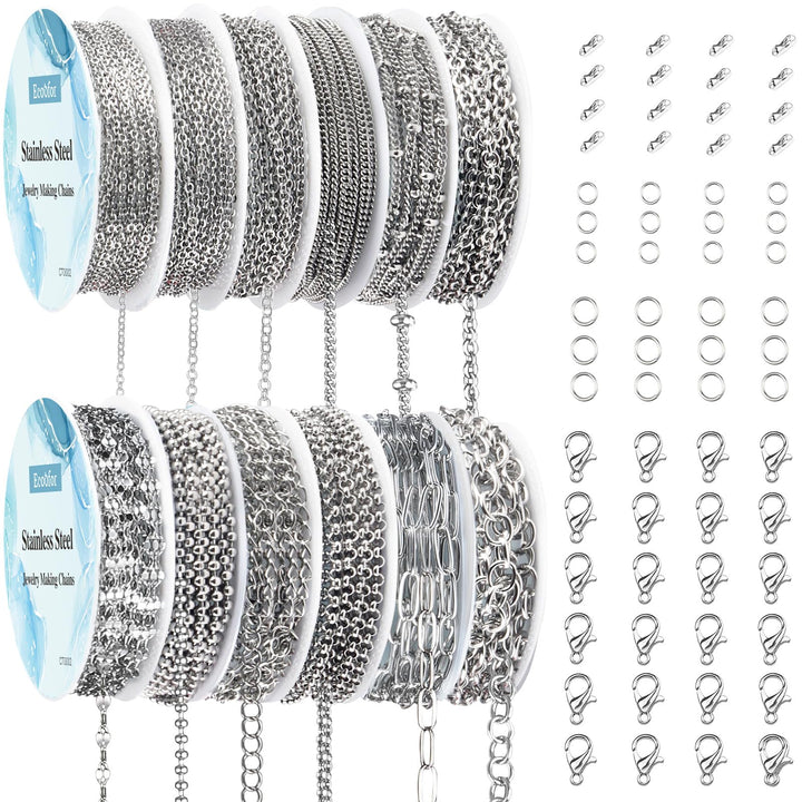 Ecoofor Necklace Chains for Jewelry Making, 95.1 Feet 12 Rolls Stainless Steel Jewelry Chains for DIY Necklace Bracelet Jewelry Making with Stainless Steel Jump Rings/Lobster Clasps/Connectors