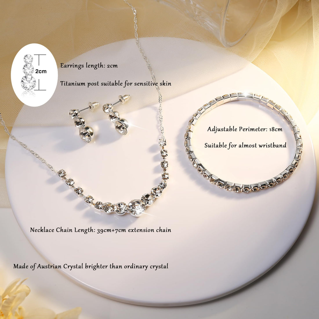 Jstyle Silver Bridal Jewelry Set Rhinestone Necklace Bracelet Dangle Earrings for Bride Bridesmaid Teardrop Pendant Crystal Wedding Prom Jewelry Accessories for Women 1