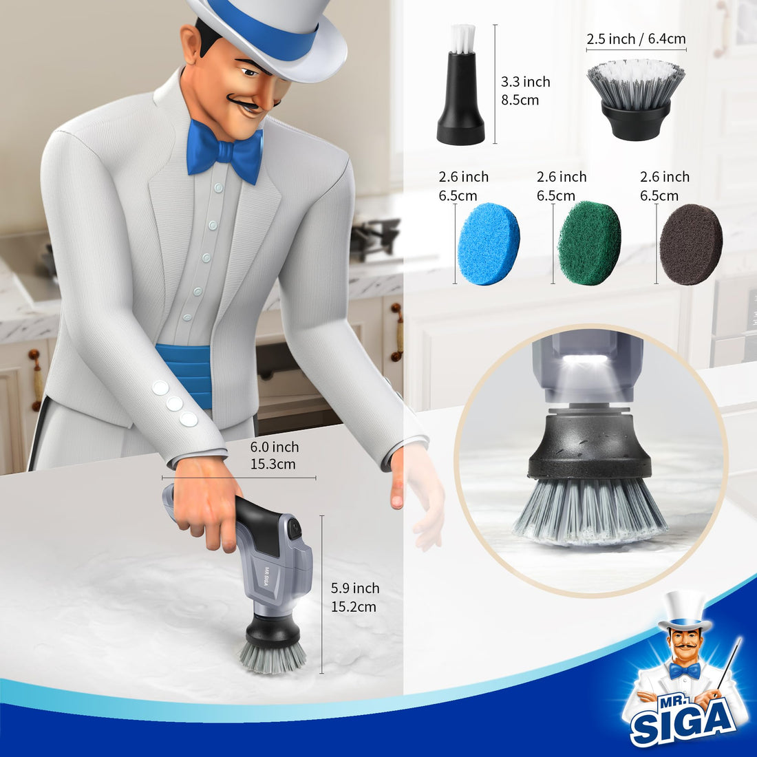 MR.SIGA Electric Spin Scrubber, Electric Cleaning Brush for Kitchen and Bathroom Cleaning, Waterproof Rechargeable Spin Scrubber, Cordless Spin Scrubber with 5 Replaceable Cleaning Brushes and Pads