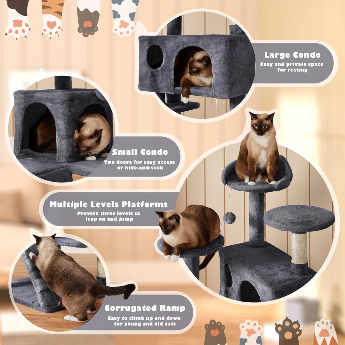 138.5cm Cat Tree Tower Scratching Posts Multilevel Cat Climbing House with Condos