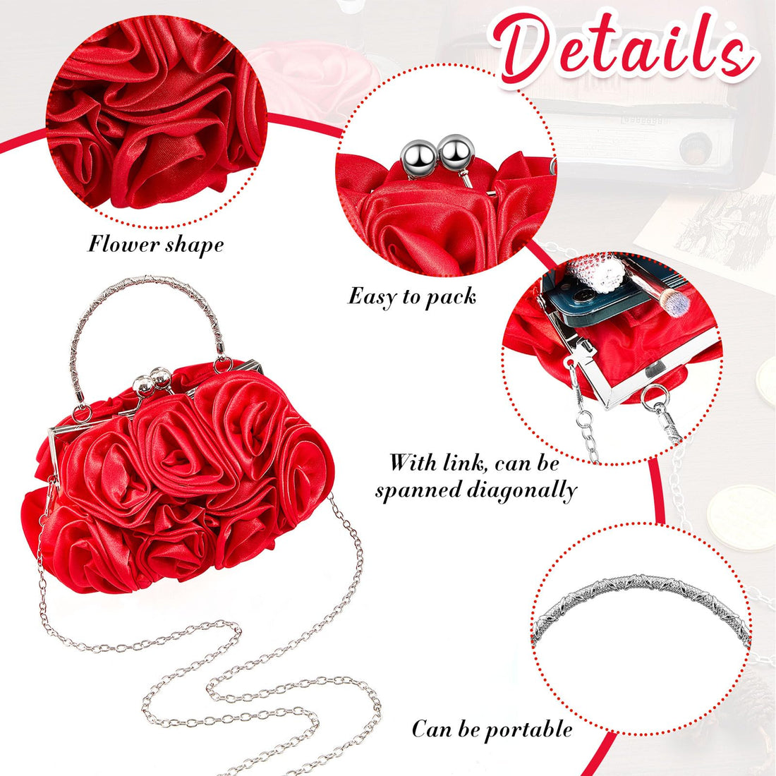 Paterr 4 Pcs Flower Clutch Rhinestone Set Handbags with Detachable Strap Detachable Necklace Earrings Bracelets (Red,Delicate Style)