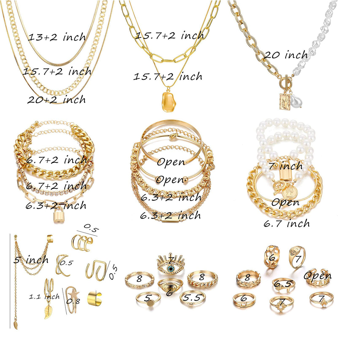 IFKM 36 PCS Gold Plated Jewelry Set with 4 PCS Necklace, 11 PCS Bracelet, 7 PCS Ear Cuffs Earring, 14 Pcs Knuckle Rings for Women Valentine Anniversary Birthday Friendship Gift