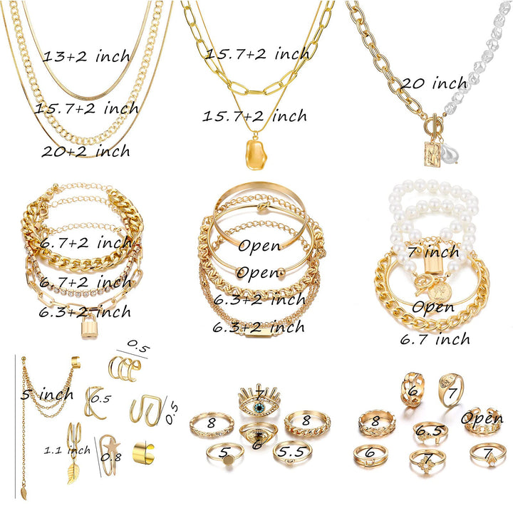 IFKM 36 PCS Gold Plated Jewelry Set with 4 PCS Necklace, 11 PCS Bracelet, 7 PCS Ear Cuffs Earring, 14 Pcs Knuckle Rings for Women Valentine Anniversary Birthday Friendship Gift