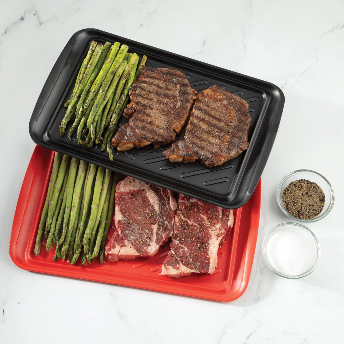 Cuisinart Grilling Prep and Serve Trays, 17x10.5 inch BBQ Safe for Food Handling, 2 Dishwasher Safe Nesting Trays Black and Red, Perfect Grilling Tray for Cooked and Raw Meat, Fits 6 Burgers