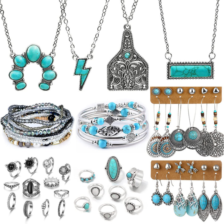 IFKM 47 PCS Silver Bohemian Jewelry Set With 4pcs Turquoise Necklace,12 pairs Dangle Earrings, 11pcs Stackable Bangle Bracelets, 20pcs Knuckle Rings For Women Vintage Western Boho Turquoise Anniversary Birthday Friendship Gift