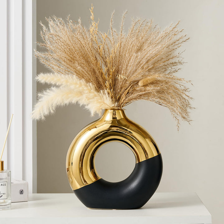 FJS Ceramic Donut Vase, 8" L x 8" H Black and Gold Round Vase for Pampas Grass, Nordic Modern Vases for Decor, Ceramic Vase Centerpieces for Wedding, Bedroom, Living Room, Coffee Table, Office