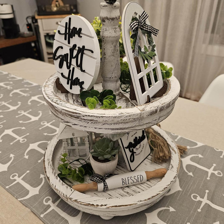 Houmury Set of 16 Farmhouse Tiered Tray Decor with 1 Lantern Artificial Plant& Cutting Board Sign for Rustic Home Kitchen Decor Tier Tray Decor Set (Tiered Tray Not Included)