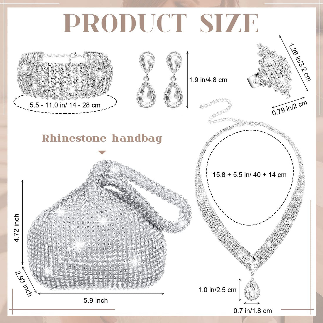 5 Pcs Silver Clutch Purses for Women Evening Rhinestone Jewelry Set Bling Clutch Purse Bag Rhinestone Necklace Ring Bracelet Earring for Women Party Wedding Bride Jewelry (Triangle Style)