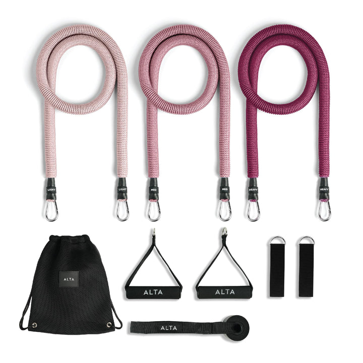 ALTA 'Never-Snap' Exercise Bands with Handles for Women - Full Kit Resistance Bands for Working Out with Handles, Resistance Tubes, Ankle Straps, Door Anchor, Fabric + Rubber Workout Bands Resistance