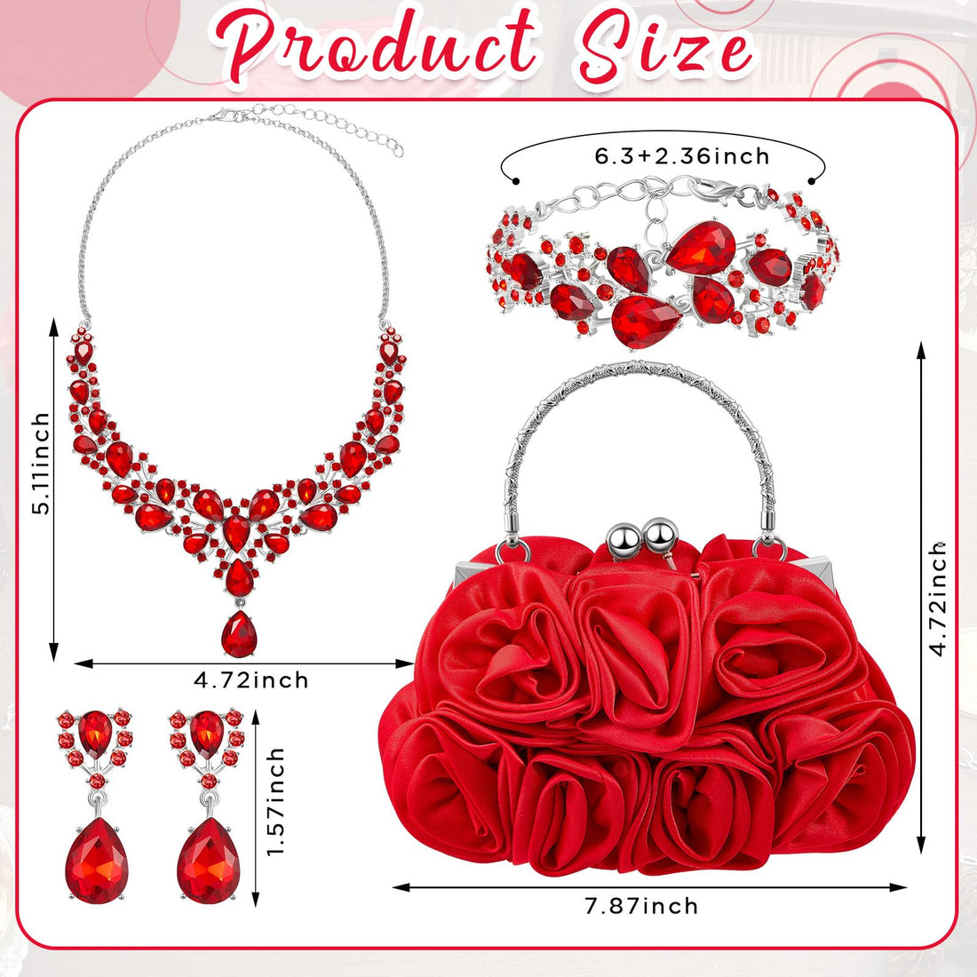 Paterr 4 Pcs Flower Clutch Rhinestone Set Handbags with Detachable Strap Detachable Necklace Earrings Bracelets (Red,Delicate Style)