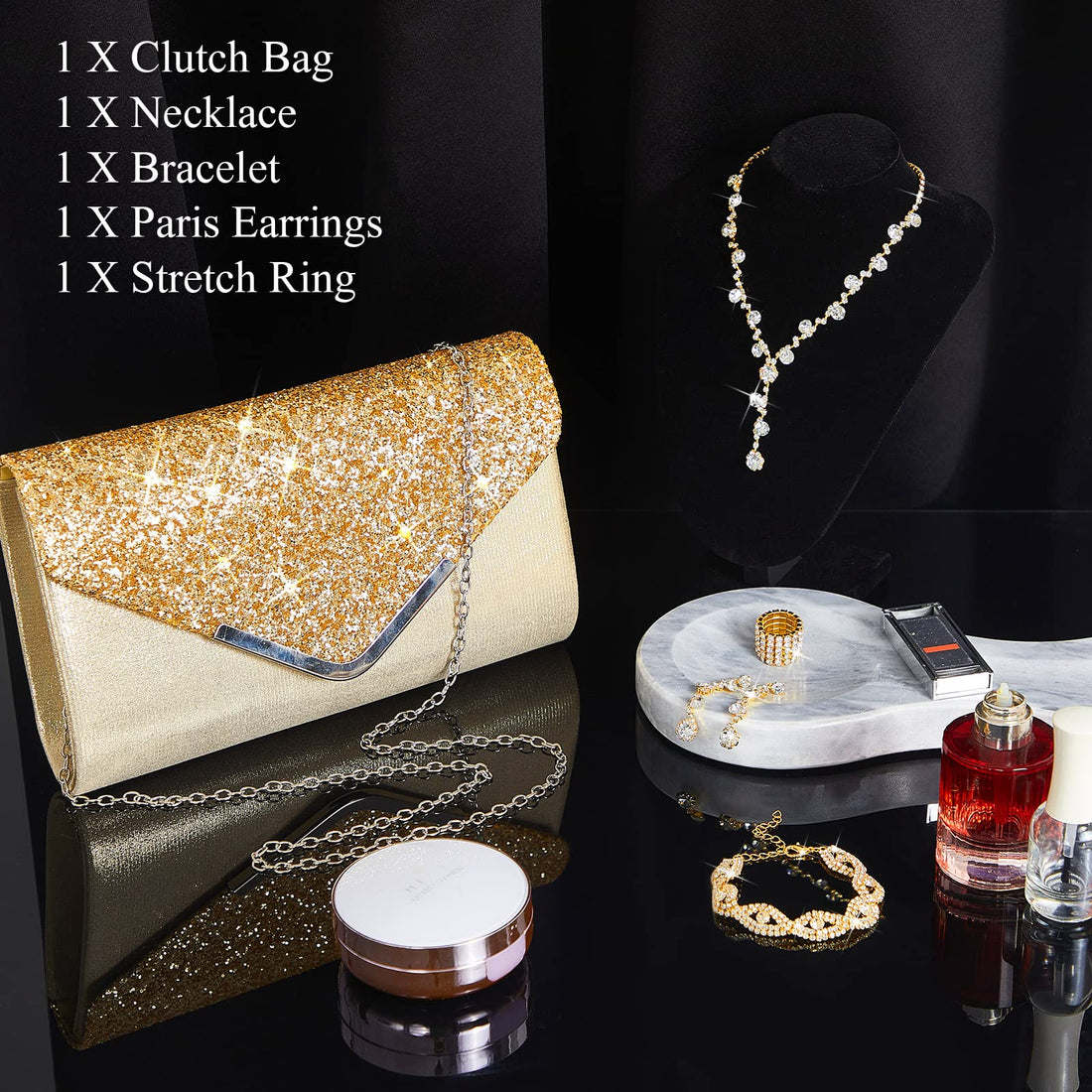 Henoyso 5 Pcs Purse Rhinestone Jewelry Set Rhinestone Clutch Purse Bride Prom Jewelry Necklace Earrings Bracelets for Women (Gold)