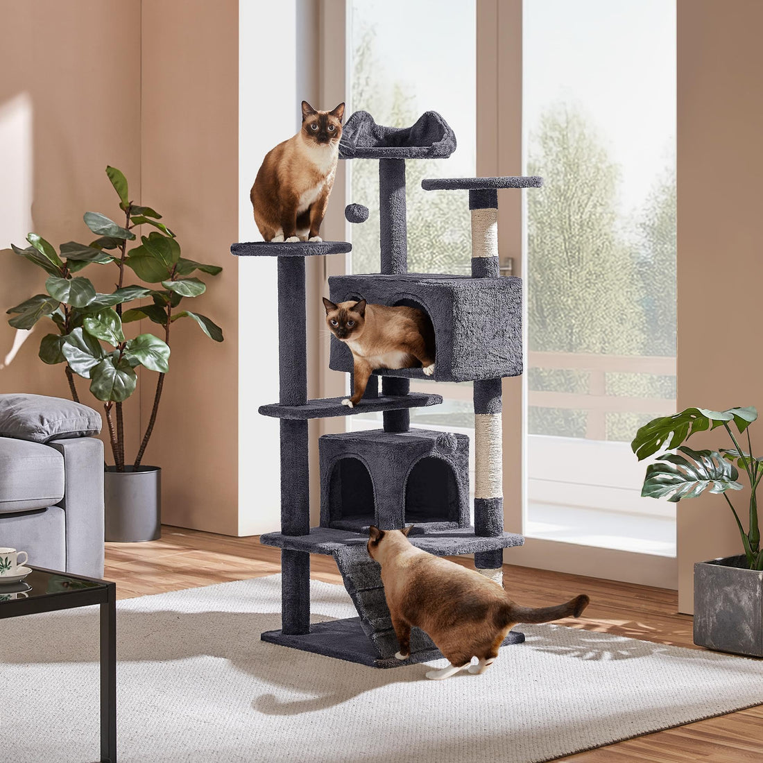 138.5cm Cat Tree Tower Scratching Posts Multilevel Cat Climbing House with Condos