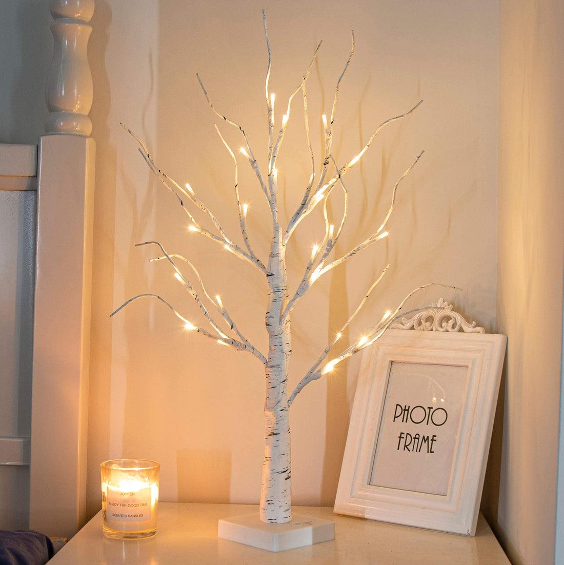 White Twig Tree with Lights 2FT Tabletop Birch Tree with 24 Warm White LEDs Battery Operated