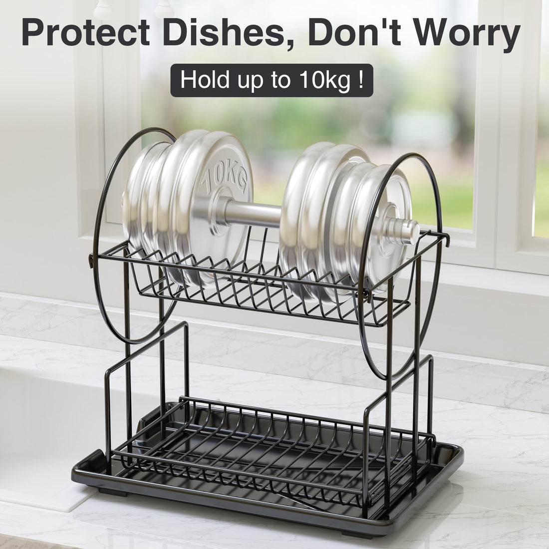 2 Tier Black Dish Drainer Rack with Drip Tray, Stainless Steel Draining Dish