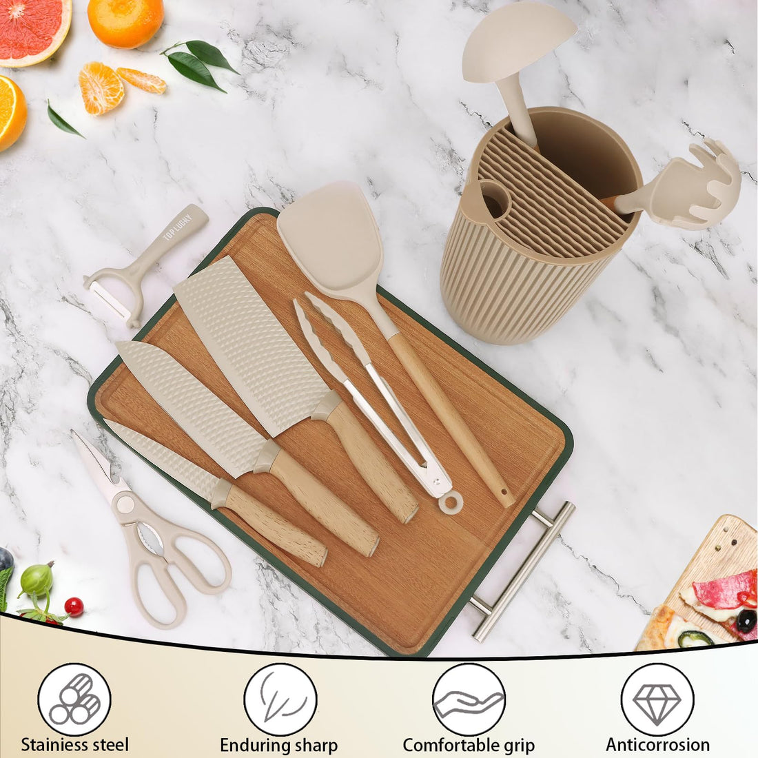 Knife Set, 10 Pieces Professional Kitchen Knife Set with Universal Knife Block, Non-stick Heat Resistan Kitchen Tools and Gadgets with Wooden Handle (Khaki)