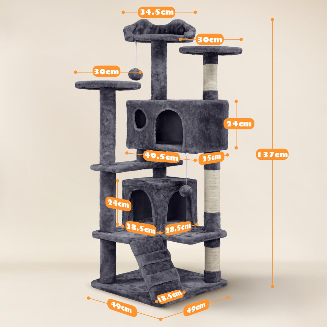 138.5cm Cat Tree Tower Scratching Posts Multilevel Cat Climbing House with Condos