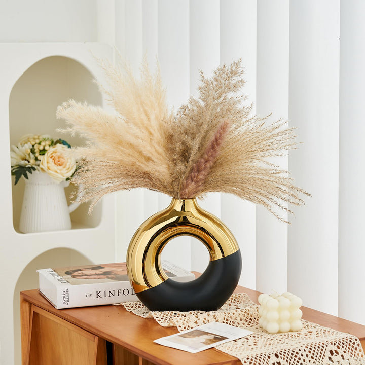 FJS Ceramic Donut Vase, 8" L x 8" H Black and Gold Round Vase for Pampas Grass, Nordic Modern Vases for Decor, Ceramic Vase Centerpieces for Wedding, Bedroom, Living Room, Coffee Table, Office