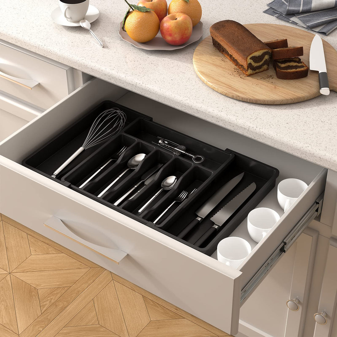 Lifewit Silverware Drawer Organizer, Expandable Utensil Tray for Kitchen, BPA Free Flatware and Cutlery Holder, Adjustable Plastic Storage for Spoons Forks Knives, Large, Black