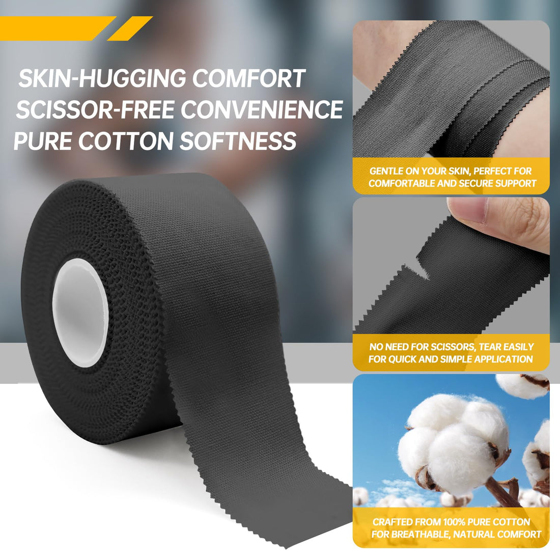 Dimora Black Athletic Tape 4-Pack - 60 Yards Strong Adhesive Sports Tape in Total, NO Sticky Residue Easy Tear, Best Sport Tape for Athletes & Fitness Enthusiasts of All Levels (1.5in X 45ft Roll)