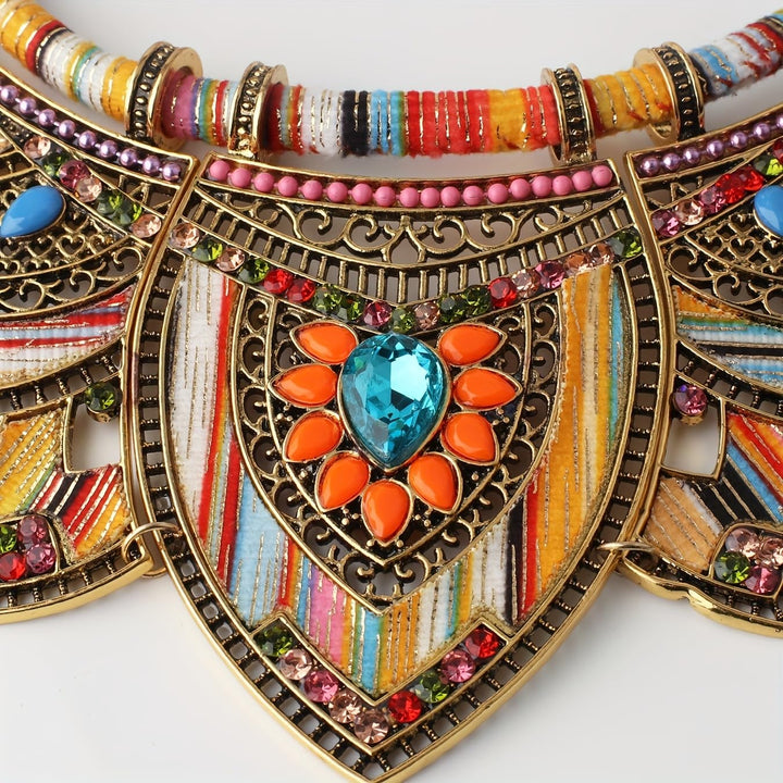 Zhlichouy Gold African Jewelry Sets for Women,Boho Tribal Retro Statement Choker Necklace and Dainty Dangle Earring Set,Multicolor Ethnic Style Chunky Bib Collar Costume Jewelry Accessories for Women