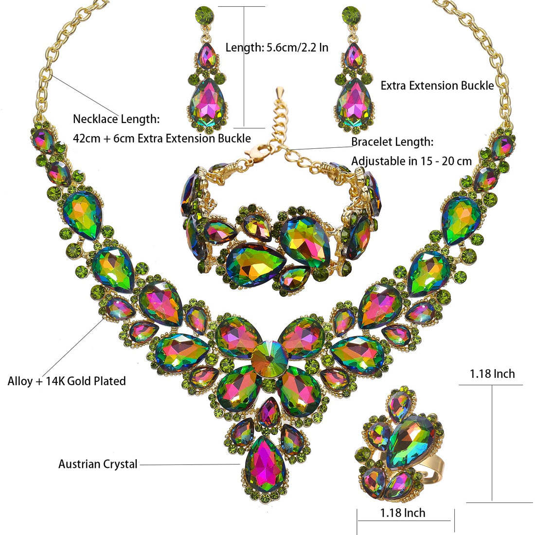 QYJ Women’s Wedding Bridal Austrian Crystal Glass Teardrop Statement Necklace Dangle Earrings Bracelet Ring Wedding Party Jewelry Set for Bridal Bridesmaid (Rainbow-Gold Plated)