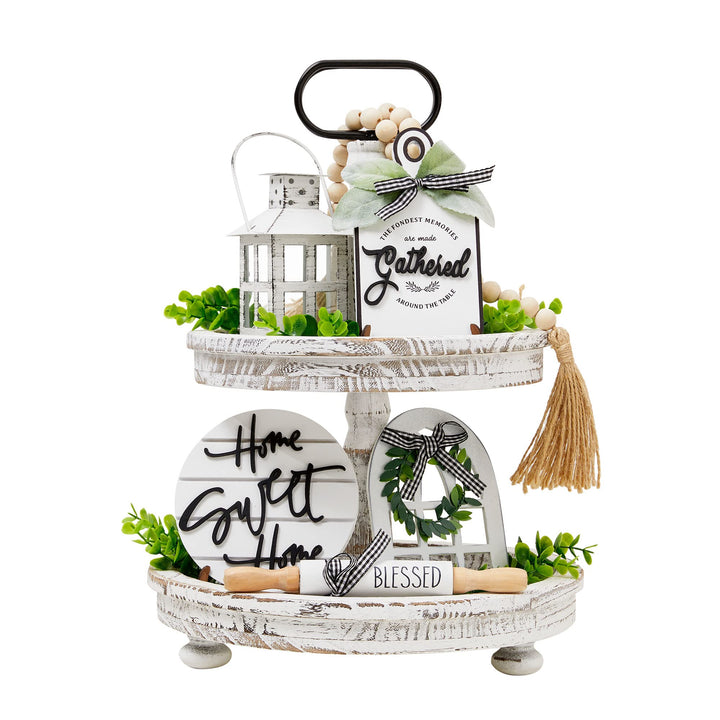 Houmury Set of 16 Farmhouse Tiered Tray Decor with 1 Lantern Artificial Plant& Cutting Board Sign for Rustic Home Kitchen Decor Tier Tray Decor Set (Tiered Tray Not Included)