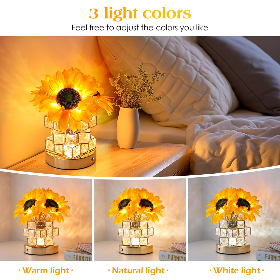 AMWGIMI Sunflowers Flower Lamp Touch Lamp,Rechargeable Cordless Table Lamp, 3-Colour Infinitely Dimming Battery Powered Small Night Light,Gift for Mom for Valentine Day,Mothers Day,Xmas,Birthday