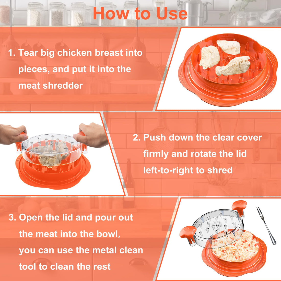 SURETIVIAN Chicken Shredder Large Chicken Breast Shredder Tool Twist with Brush&Fork, Visible Meat Shredder Machine, Anti-Slip Strip, Ergonomic Handle, BPA Free, Suitable for Pork Beef Chicken(Orange)