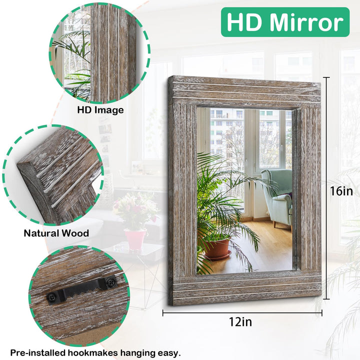 HLFMVWE Rustic Wood Framed Wall Mirror Farmhouse Rectanglular Vintage Antique Decor Hanging Mirror for Bathroom Bedroom Living Room Entryway Small