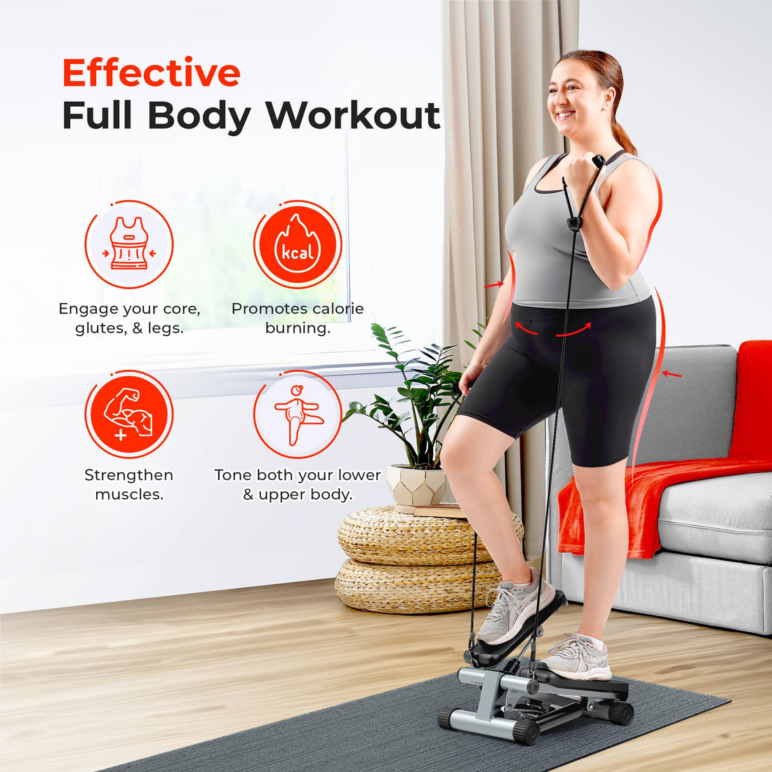 Sunny Health & Fitness Mini Steppers for Exercise at Home, Stair Step Workout Machine with Resistance Bands, Full Body Cardio Equipment with Digital Monitor - No. 012 -S