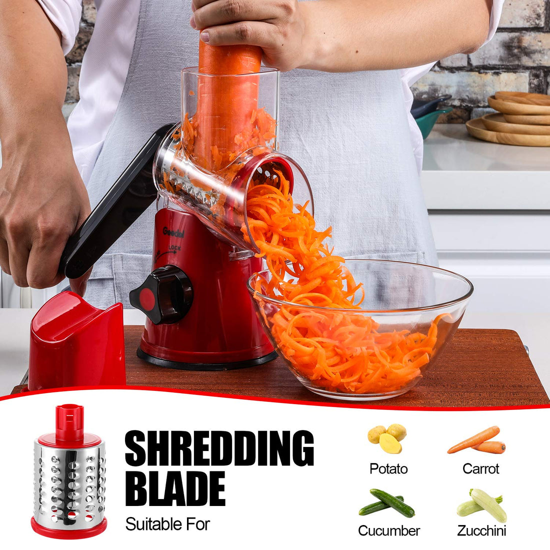 Geedel Rotary Cheese Grater, Kitchen Mandoline Vegetable Slicer with 3 Interchangeable Blades, Easy to Clean Grater for Fruit, Vegetables, Nuts