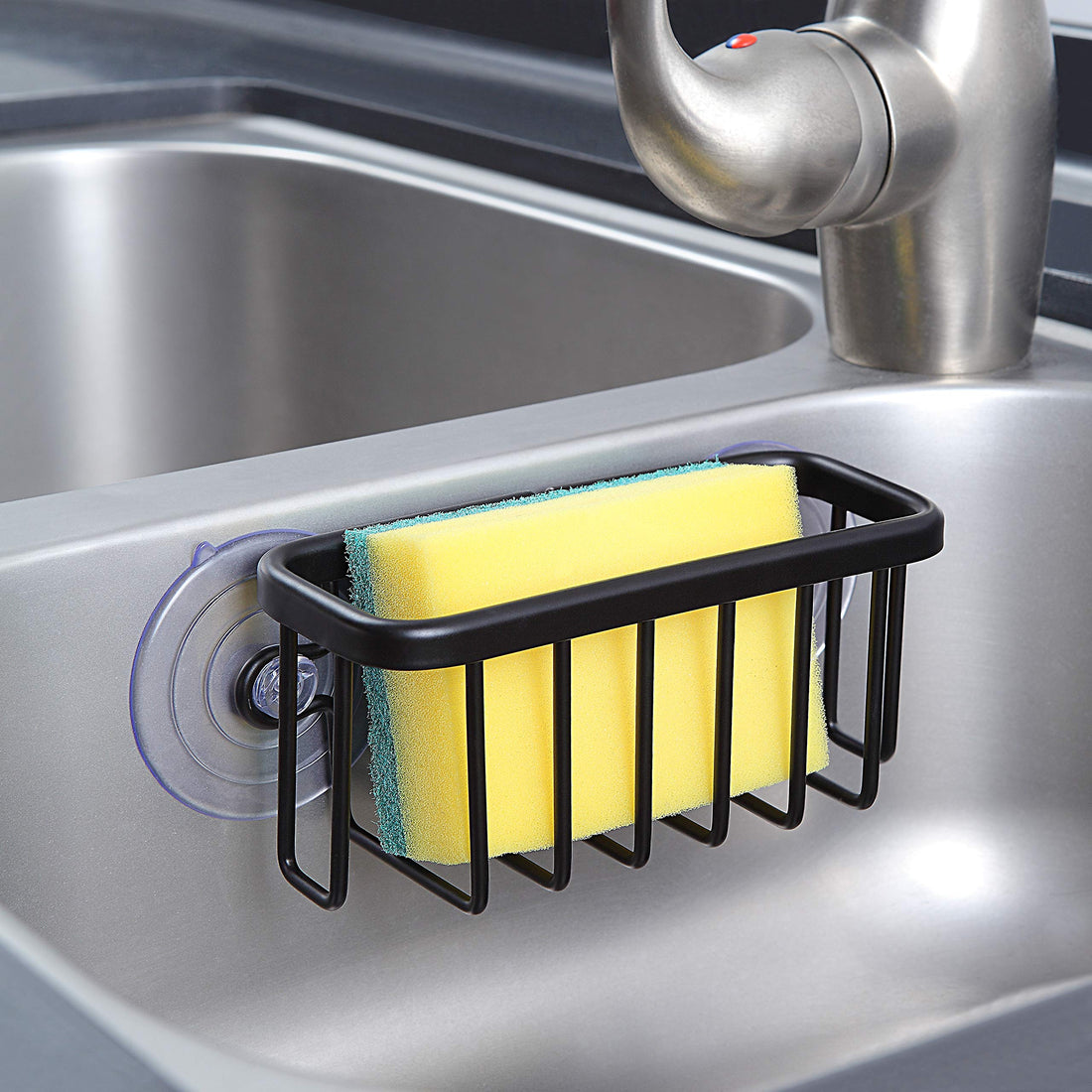 SunnyPoint NeverRust Kitchen Sink Suction Holder for Sponges, Scrubbers, Soap, Kitchen, Bathroom, 6" x 2.5" x 2.75", Aluminum (BLACK)